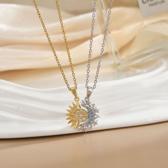 Picture of Wholesale Sun & Moon Magnetic Pendant Charm Necklace, 18K Real Gold Plated & Silver Tone 304 Stainless Steel & Brass Women's Eco-friendly PVD Vacuum Plating Waterproof Anti-Tarnish Hypoallergenic Valentine's Day Stylish Gift Jewelry For Retailer, 40cm(15.7") + 5cm(2") long, 1 Set ( 2 PCs/Set)
