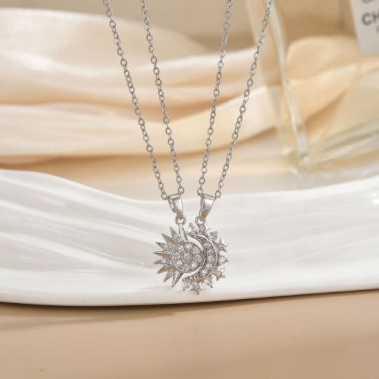 Picture of Wholesale Sun & Moon Magnetic Pendant Charm Necklace, Silver Tone 304 Stainless Steel & Brass Women's Eco-friendly PVD Vacuum Plating Valentine's Day Stylish Gift Jewelry For Retailer, 40cm(15.7") + 5cm(2") long, 1 Set ( 2 PCs/Set)