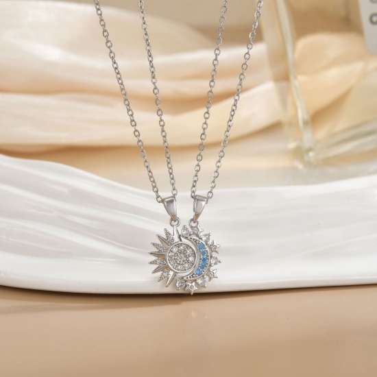 Picture of Wholesale Sun & Moon Magnetic Pendant Charm Necklace, Silver Tone 304 Stainless Steel & Brass Women's Eco-friendly PVD Vacuum Plating Valentine's Day Stylish Gift Jewelry For Retailer, 40cm(15.7") + 5cm(2") long, 1 Set ( 2 PCs/Set)