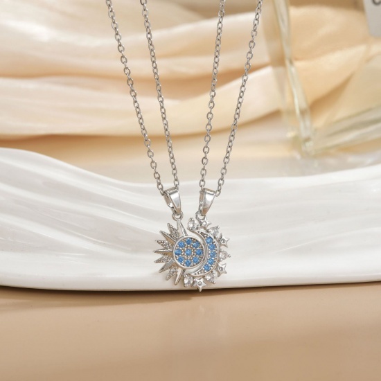 Picture of Wholesale Sun & Moon Magnetic Pendant Charm Necklace, Silver Tone 304 Stainless Steel & Brass Women's Eco-friendly PVD Vacuum Plating Valentine's Day Stylish Gift Jewelry For Retailer, 40cm(15.7") + 5cm(2") long, 1 Set ( 2 PCs/Set)