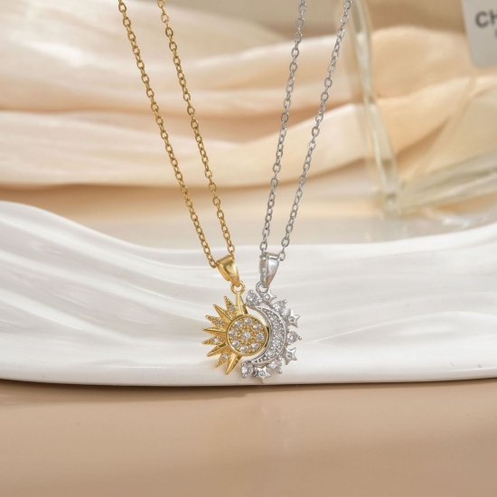 Picture of Wholesale Sun & Moon Magnetic Pendant Charm Necklace, 18K Real Gold Plated & Silver Tone 304 Stainless Steel & Brass Women's Eco-friendly PVD Vacuum Plating Waterproof Anti-Tarnish Hypoallergenic Valentine's Day Stylish Gift Jewelry For Retailer, 40cm(15.7") + 5cm(2") long, 1 Set ( 2 PCs/Set)