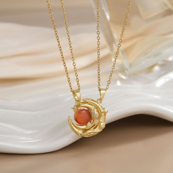 Picture of Wholesale Sun & Moon Magnetic Pendant Charm Necklace, 18K Real Gold Plated 304 Stainless Steel & Brass Women's Eco-friendly PVD Vacuum Plating Waterproof Anti-Tarnish Hypoallergenic Valentine's Day Stylish Gift Jewelry For Retailer, 40cm(15.7") + 5cm(2") long, 1 Set ( 2 PCs/Set)