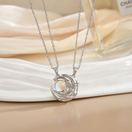 Picture of Wholesale Sun & Moon Magnetic Pendant Charm Necklace, Silver Tone 304 Stainless Steel & Brass Women's Eco-friendly PVD Vacuum Plating Valentine's Day Stylish Gift Jewelry For Retailer, 40cm(15.7") + 5cm(2") long, 1 Set ( 2 PCs/Set)