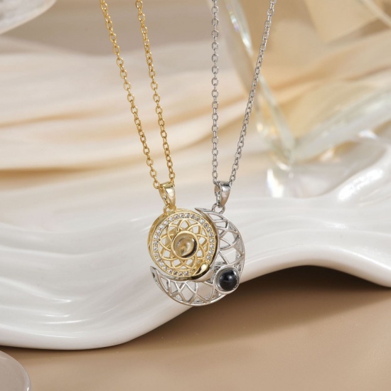 Picture of Wholesale Sun & Moon Magnetic Pendant Charm Necklace, 18K Real Gold Plated & Silver Tone 304 Stainless Steel & Brass Women's Eco-friendly PVD Vacuum Plating Waterproof Anti-Tarnish Hypoallergenic Valentine's Day Stylish Gift Jewelry For Retailer, 40cm(15.7") + 5cm(2") long, 1 Set ( 2 PCs/Set)