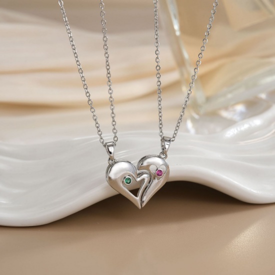 Picture of Wholesale Heart Magnetic Pendant Charm Necklace, Silver Tone 304 Stainless Steel & Brass Women's Eco-friendly PVD Vacuum Plating Valentine's Day Stylish Gift Jewelry For Retailer, 40cm(15.7") + 5cm(2") long, 1 Set ( 2 PCs/Set)