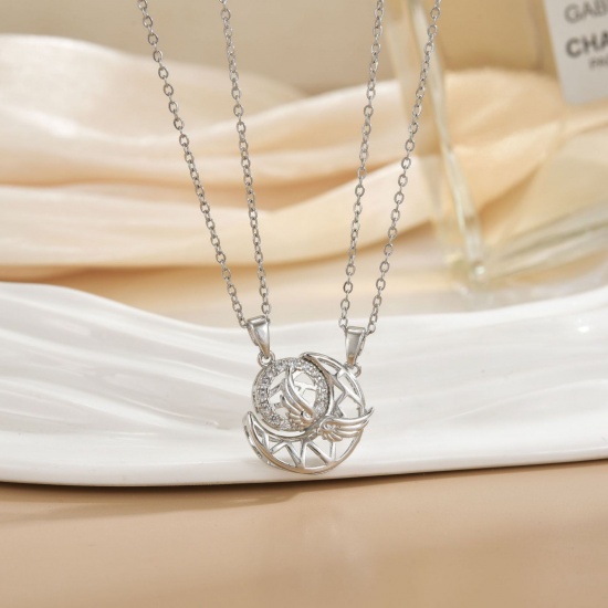 Picture of Wholesale Sun & Moon Magnetic Pendant Charm Necklace, Silver Tone 304 Stainless Steel & Brass Women's Eco-friendly PVD Vacuum Plating Valentine's Day Stylish Gift Jewelry For Retailer, 40cm(15.7") + 5cm(2") long, 1 Set ( 2 PCs/Set)