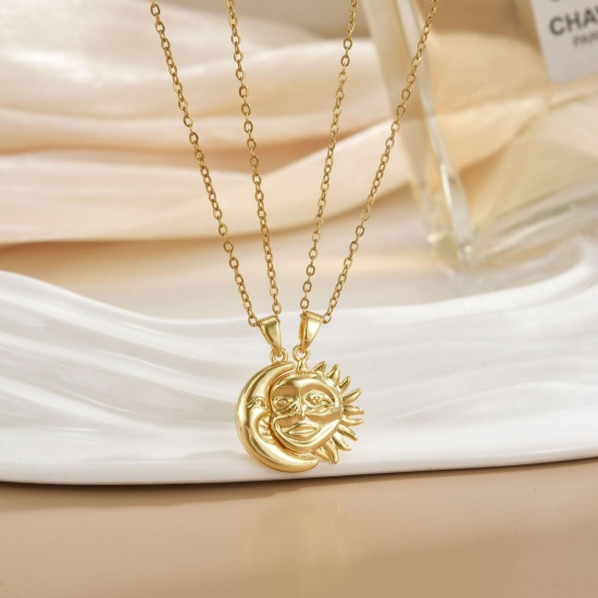 Picture of Wholesale Sun & Moon Magnetic Pendant Charm Necklace, 18K Real Gold Plated 304 Stainless Steel & Brass Women's Eco-friendly PVD Vacuum Plating Waterproof Anti-Tarnish Hypoallergenic Valentine's Day Stylish Gift Jewelry For Retailer, 40cm(15.7") + 5cm(2") long, 1 Set ( 2 PCs/Set)
