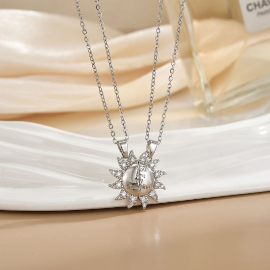 Picture of Wholesale Sun Magnetic Pendant Charm Necklace, Silver Tone 304 Stainless Steel & Brass Women's Eco-friendly PVD Vacuum Plating Valentine's Day Stylish Gift Jewelry For Retailer, 40cm(15.7") + 5cm(2") long, 1 Set ( 2 PCs/Set)