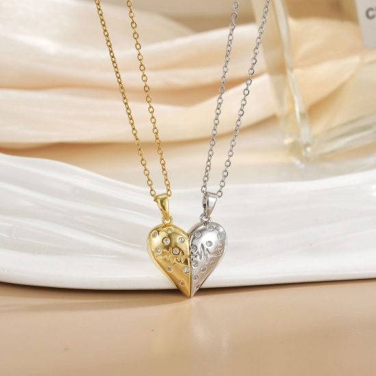 Picture of Wholesale Heart Magnetic Pendant Charm Necklace, 18K Real Gold Plated & Silver Tone 304 Stainless Steel & Brass Women's Eco-friendly PVD Vacuum Plating Waterproof Anti-Tarnish Hypoallergenic Valentine's Day Stylish Gift Jewelry For Retailer, 40cm(15.7") + 5cm(2") long, 1 Set ( 2 PCs/Set)