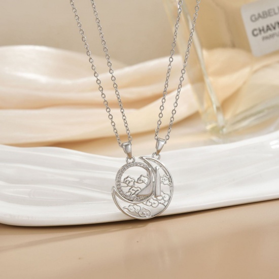 Picture of Wholesale Sun & Moon Magnetic Pendant Charm Necklace, Silver Tone 304 Stainless Steel & Brass Women's Eco-friendly PVD Vacuum Plating Valentine's Day Stylish Gift Jewelry For Retailer, 40cm(15.7") + 5cm(2") long, 1 Set ( 2 PCs/Set)