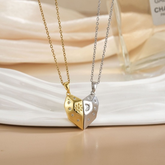 Picture of Wholesale Heart Magnetic Pendant Charm Necklace, 18K Real Gold Plated & Silver Tone 304 Stainless Steel & Brass Women's Eco-friendly PVD Vacuum Plating Waterproof Anti-Tarnish Hypoallergenic Valentine's Day Stylish Gift Jewelry For Retailer, 40cm(15.7") + 5cm(2") long, 1 Set ( 2 PCs/Set)