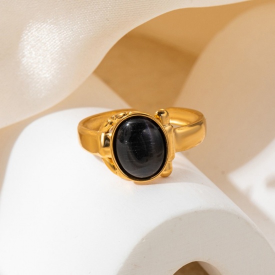 Picture of Wholesale Women's Gift Black Open Adjustable Rings, 18K Gold Plated 201 Stainless Steel, Eco-friendly Exquisite Stylish Jewelry Supply, 20mm(US Size 10.25), 1 Piece