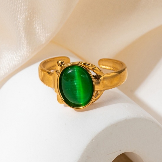 Picture of Wholesale Women's Gift Green Open Adjustable Rings, 18K Gold Plated 201 Stainless Steel, Eco-friendly Exquisite Stylish Jewelry Supply, 20mm(US Size 10.25), 1 Piece