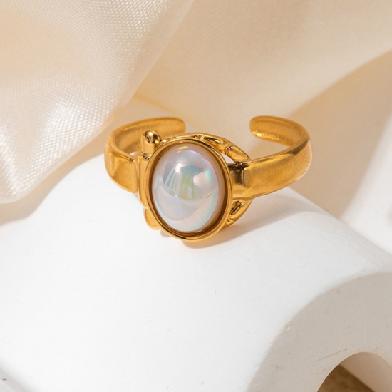 Picture of Wholesale Women's Gift White Open Adjustable Rings, 18K Gold Plated 201 Stainless Steel, Eco-friendly Exquisite Stylish Jewelry Supply, 20mm(US Size 10.25), 1 Piece