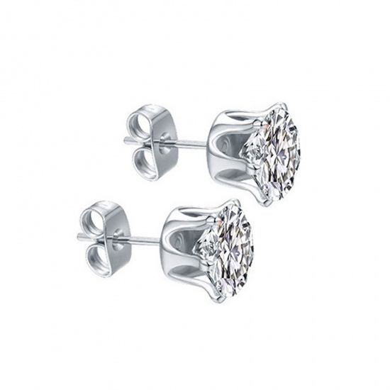 Picture of Wholesale Exquisite Stylish Ear Post Stud Earrings, Clear Cubic Zirconia Silver Tone 304 Stainless Steel, Unisex Eco-friendly Gift Jewelry Supply, 4mm Dia., 1 Pair