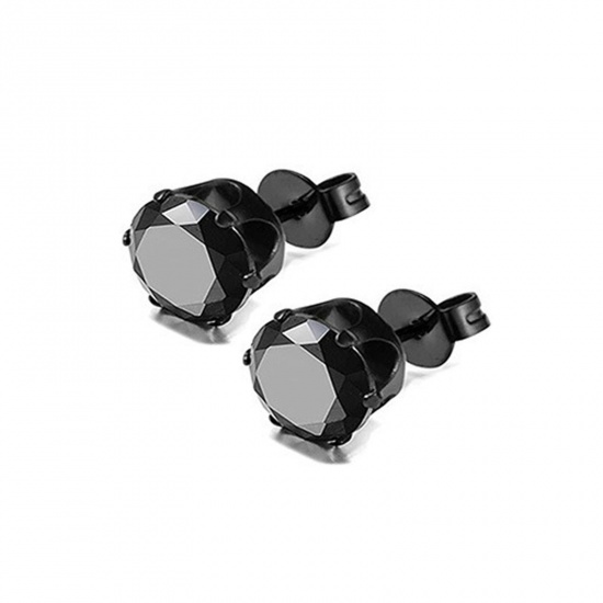 Picture of Wholesale Exquisite Stylish Ear Post Stud Earrings, Black Cubic Zirconia 304 Stainless Steel, Unisex Eco-friendly Gift Jewelry Supply, 8mm Dia., 1 Pair