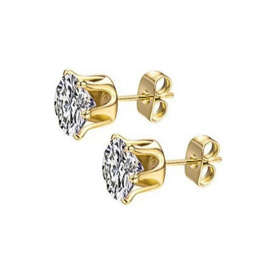 Picture of Wholesale Exquisite Stylish Ear Post Stud Earrings, Clear Cubic Zirconia 18K Gold Plated 304 Stainless Steel, Unisex Vacuum Plating Gift Jewelry Supply, 5mm Dia., 1 Pair