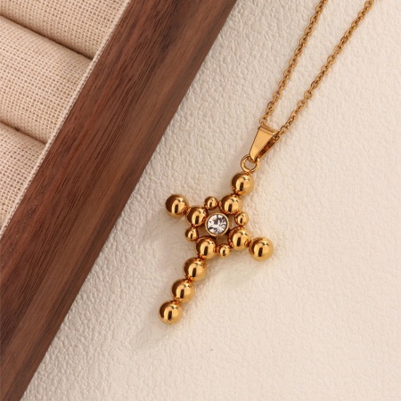 Picture of Wholesale Cross Clear Rhinestone Pendant Charm Necklace, 18K Gold Plated 201 Stainless Steel Women's Eco-friendly Religious Retro Gift Jewelry For Retailer, 45cm(17.7") long, 1 Piece