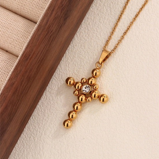 Picture of Wholesale Cross Clear Rhinestone Pendant Charm Necklace, 18K Gold Plated 201 Stainless Steel Women's Eco-friendly Religious Retro Gift Jewelry For Retailer, 45cm(17.7") long, 1 Piece