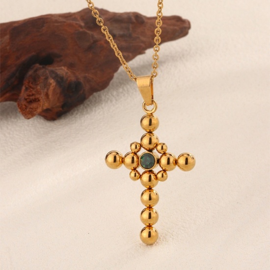 Picture of Wholesale Cross Green Rhinestone Pendant Charm Necklace, 18K Gold Plated 201 Stainless Steel Women's Eco-friendly Religious Retro Gift Jewelry For Retailer, 45cm(17.7") long, 1 Piece