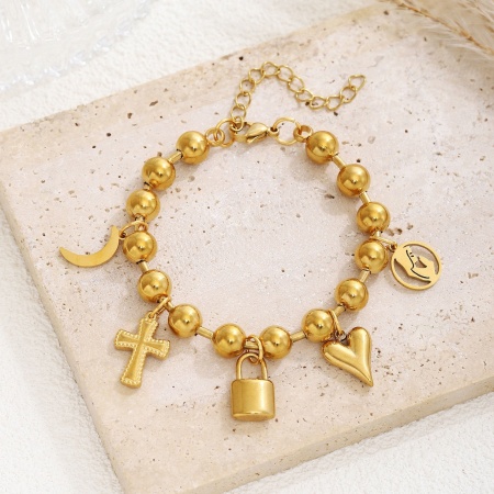 Immagine di All'Ingrosso Croce Cuore 304 Acciaio Inossidabile Braccialetti con Perline, Placcato Oro 18K Placcatura Sottovuoto PVD Ecologica, Donne Religione Elegante Regalo Fornitura di Gioielli 17cm Lunghezza, 1 Pz