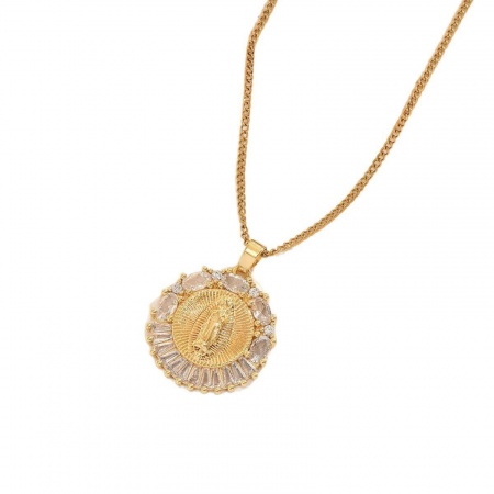 Picture of Wholesale Round Virgin Mary Pendant Charm Necklace, 18K Gold Plated 304 Stainless Steel Women's Eco-friendly Religious Retro Gift Jewelry For Retailer, 40cm(15.7") + 5cm(2") long, 1 Piece