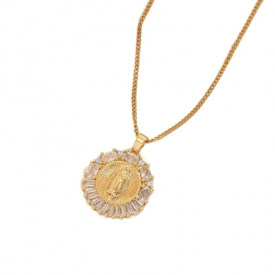 Picture of Wholesale Round Virgin Mary Pendant Charm Necklace, 18K Gold Plated 304 Stainless Steel Women's Eco-friendly Religious Retro Gift Jewelry For Retailer, 40cm(15.7") + 5cm(2") long, 1 Piece