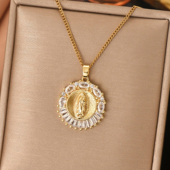 Picture of Wholesale Round Virgin Mary Pendant Charm Necklace, 18K Gold Plated 304 Stainless Steel Women's Eco-friendly Religious Retro Gift Jewelry For Retailer, 40cm(15.7") + 5cm(2") long, 1 Piece