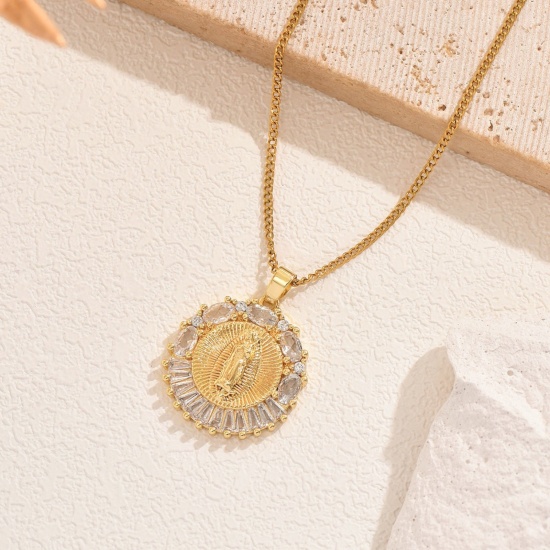 Picture of Wholesale Round Virgin Mary Pendant Charm Necklace, 18K Gold Plated 304 Stainless Steel Women's Eco-friendly Religious Retro Gift Jewelry For Retailer, 40cm(15.7") + 5cm(2") long, 1 Piece
