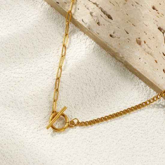 Picture of Wholesale Splicing Paperclip Link Chain Necklace, 18K Real Gold Plated 304 Stainless Steel, Unisex Eco-friendly PVD Vacuum Plating Waterproof Anti-Tarnish Hypoallergenic Minimalist Gift Jewelry For Retailer 47cm(18.5") long, Chain Size: 3mm, 1 Piece