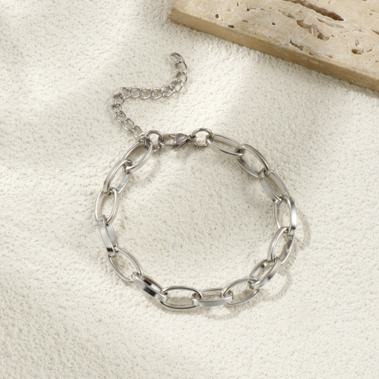 Image de de Gros Bracelets Argent Mat en 304 Acier Inoxydable, Chaîne de Trombone Unisexe Respectueux de la Nature Élégant Minimaliste Cadeau Fournitures de Bijoux 17cm long, 1 Pièce