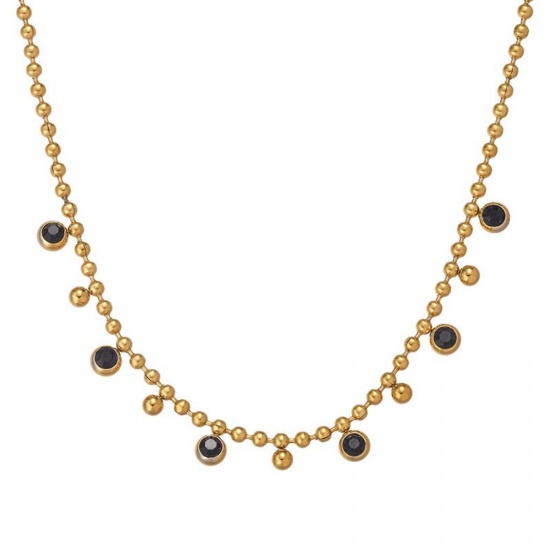 Picture of Wholesale Tassel Black Rhinestone Station Necklace, 18K Gold Plated 304 Stainless Steel & Rhinestone, Women's Eco-friendly PVD Exquisite Stylish Gift Jewelry For Retailer, 40cm(15.7") + 5cm(2") long, 1 Piece