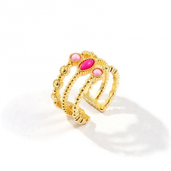 Picture of Wholesale Women's Gift Fuchsia Open Adjustable Rings, 18K Gold Plated Brass & Resin, Eco-friendly Exquisite Stylish Jewelry Supply 16.5mm(US Size 6), 1 Piece