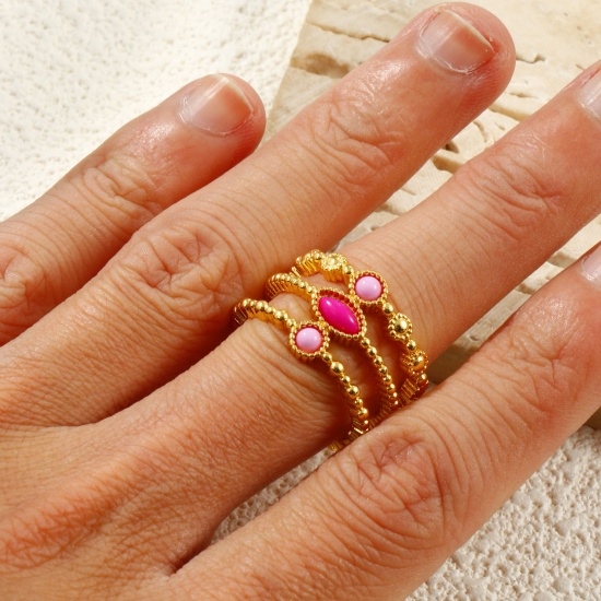 Picture of Wholesale Women's Gift Fuchsia Open Adjustable Rings, 18K Gold Plated Brass & Resin, Eco-friendly Exquisite Stylish Jewelry Supply 16.5mm(US Size 6), 1 Piece