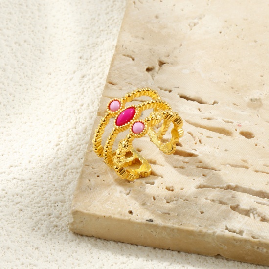 Picture of Wholesale Women's Gift Fuchsia Open Adjustable Rings, 18K Gold Plated Brass & Resin, Eco-friendly Exquisite Stylish Jewelry Supply 16.5mm(US Size 6), 1 Piece