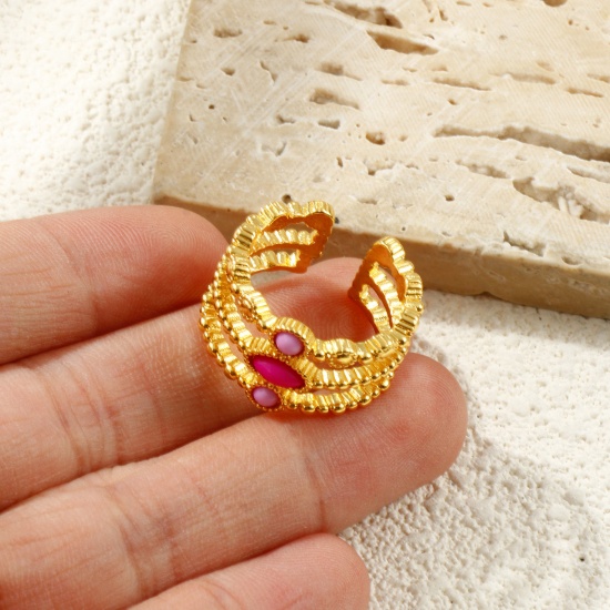 Picture of Wholesale Women's Gift Fuchsia Open Adjustable Rings, 18K Gold Plated Brass & Resin, Eco-friendly Exquisite Stylish Jewelry Supply 16.5mm(US Size 6), 1 Piece