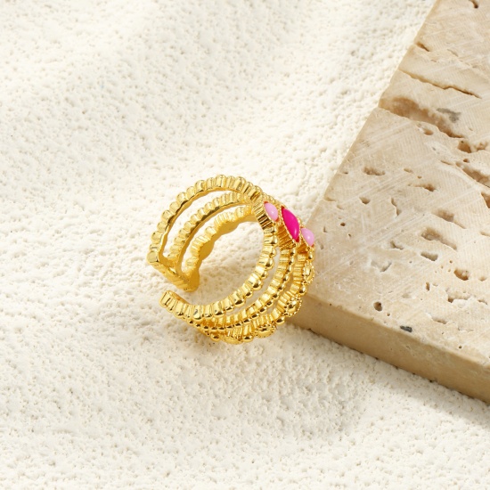 Picture of Wholesale Women's Gift Fuchsia Open Adjustable Rings, 18K Gold Plated Brass & Resin, Eco-friendly Exquisite Stylish Jewelry Supply 16.5mm(US Size 6), 1 Piece