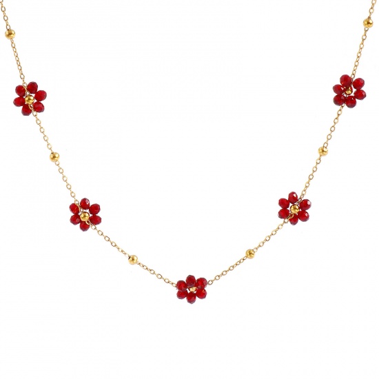 Picture of Wholesale Flower Coffee Link Cable Chain Beaded Necklace, 18K Real Gold Plated 304 Stainless Steel & Glass, Women's Eco-friendly PVD Vacuum Plating Waterproof Anti-Tarnish Hypoallergenic Stylish Sweet & Cute Gift Jewelry For Retailer 40cm(15.7") + 5cm(2") long, 1 Piece