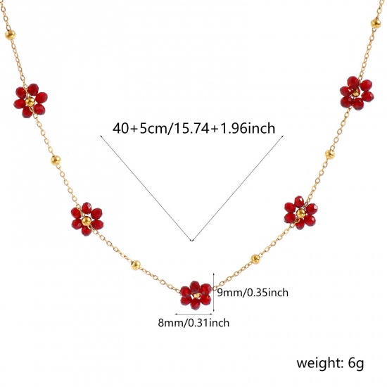 Picture of Wholesale Flower Coffee Link Cable Chain Beaded Necklace, 18K Real Gold Plated 304 Stainless Steel & Glass, Women's Eco-friendly PVD Vacuum Plating Waterproof Anti-Tarnish Hypoallergenic Stylish Sweet & Cute Gift Jewelry For Retailer 40cm(15.7") + 5cm(2") long, 1 Piece