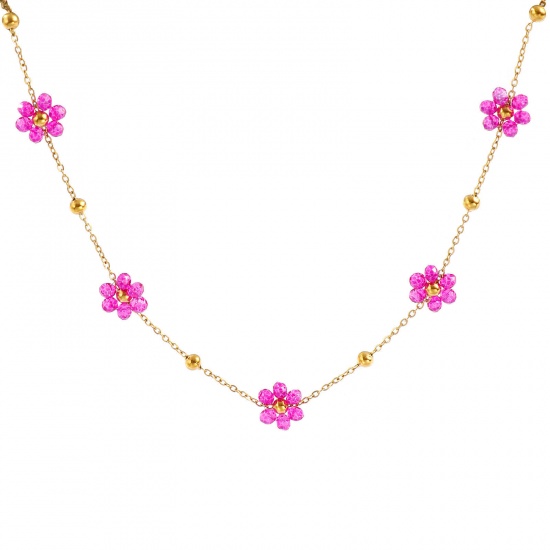Picture of Wholesale Flower Purple Link Cable Chain Beaded Necklace, 18K Real Gold Plated 304 Stainless Steel & Glass, Women's Eco-friendly PVD Vacuum Plating Waterproof Anti-Tarnish Hypoallergenic Stylish Sweet & Cute Gift Jewelry For Retailer 40cm(15.7") + 5cm(2") long, 1 Piece