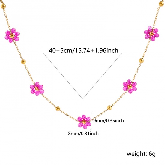 Picture of Wholesale Flower Purple Link Cable Chain Beaded Necklace, 18K Real Gold Plated 304 Stainless Steel & Glass, Women's Eco-friendly PVD Vacuum Plating Waterproof Anti-Tarnish Hypoallergenic Stylish Sweet & Cute Gift Jewelry For Retailer 40cm(15.7") + 5cm(2") long, 1 Piece