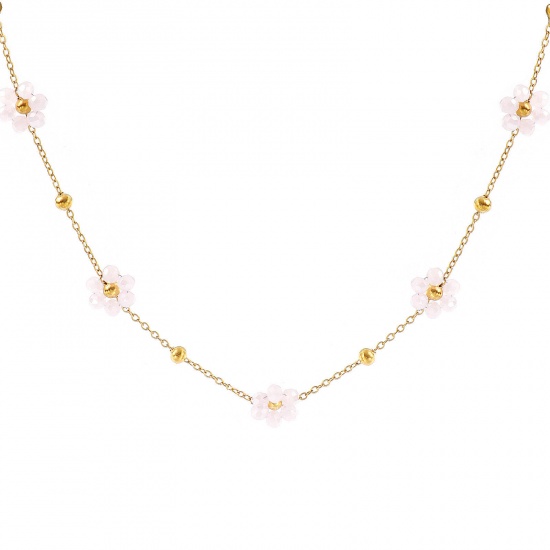 Picture of Wholesale Flower Light Pink Link Cable Chain Beaded Necklace, 18K Real Gold Plated 304 Stainless Steel & Glass, Women's Eco-friendly PVD Vacuum Plating Waterproof Anti-Tarnish Hypoallergenic Stylish Sweet & Cute Gift Jewelry For Retailer 40cm(15.7") + 5cm(2") long, 1 Piece