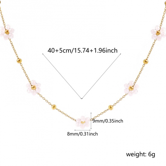 Picture of Wholesale Flower Light Pink Link Cable Chain Beaded Necklace, 18K Real Gold Plated 304 Stainless Steel & Glass, Women's Eco-friendly PVD Vacuum Plating Waterproof Anti-Tarnish Hypoallergenic Stylish Sweet & Cute Gift Jewelry For Retailer 40cm(15.7") + 5cm(2") long, 1 Piece