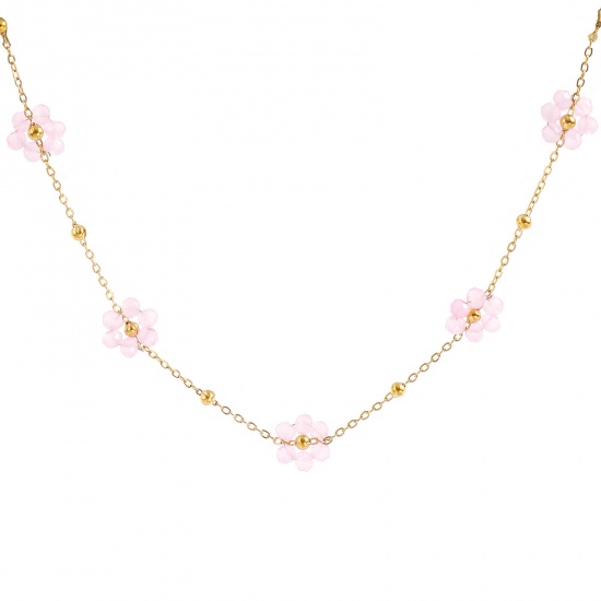 Picture of Wholesale Flower Pink Link Cable Chain Beaded Necklace, 18K Real Gold Plated 304 Stainless Steel & Glass, Women's Eco-friendly PVD Vacuum Plating Waterproof Anti-Tarnish Hypoallergenic Stylish Sweet & Cute Gift Jewelry For Retailer 40cm(15.7") + 5cm(2") long, 1 Piece