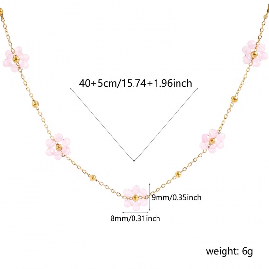 Picture of Wholesale Flower Pink Link Cable Chain Beaded Necklace, 18K Real Gold Plated 304 Stainless Steel & Glass, Women's Eco-friendly PVD Vacuum Plating Waterproof Anti-Tarnish Hypoallergenic Stylish Sweet & Cute Gift Jewelry For Retailer 40cm(15.7") + 5cm(2") long, 1 Piece