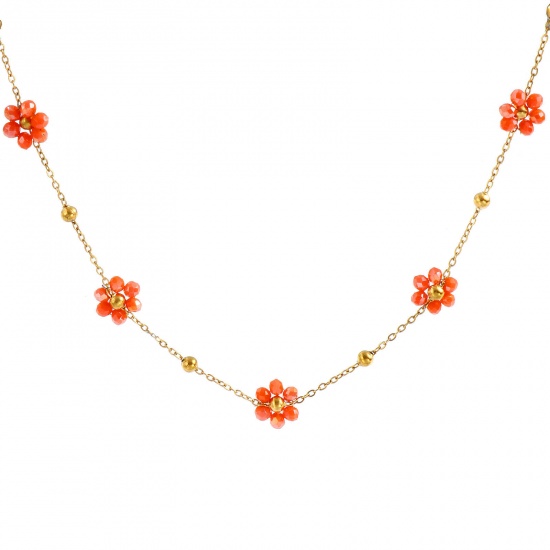 Picture of Wholesale Flower Orange Link Cable Chain Beaded Necklace, 18K Real Gold Plated 304 Stainless Steel & Glass, Women's Eco-friendly PVD Vacuum Plating Waterproof Anti-Tarnish Hypoallergenic Stylish Sweet & Cute Gift Jewelry For Retailer 40cm(15.7") + 5cm(2") long, 1 Piece