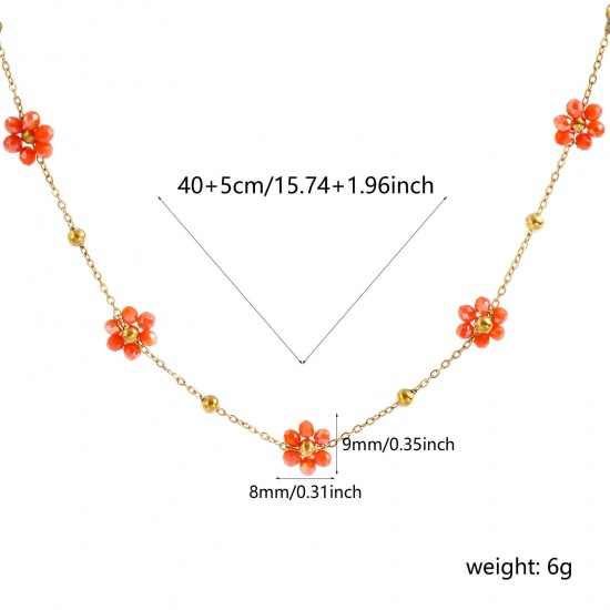 Picture of Wholesale Flower Orange Link Cable Chain Beaded Necklace, 18K Real Gold Plated 304 Stainless Steel & Glass, Women's Eco-friendly PVD Vacuum Plating Waterproof Anti-Tarnish Hypoallergenic Stylish Sweet & Cute Gift Jewelry For Retailer 40cm(15.7") + 5cm(2") long, 1 Piece