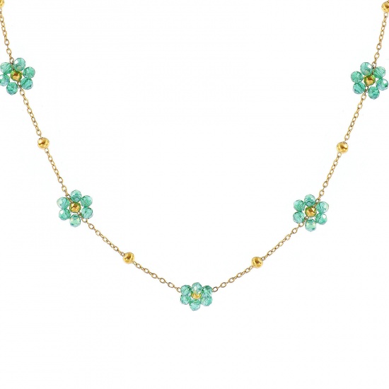 Picture of Wholesale Flower Green Link Cable Chain Beaded Necklace, 18K Real Gold Plated 304 Stainless Steel & Glass, Women's Eco-friendly PVD Vacuum Plating Waterproof Anti-Tarnish Hypoallergenic Stylish Sweet & Cute Gift Jewelry For Retailer 40cm(15.7") + 5cm(2") long, 1 Piece