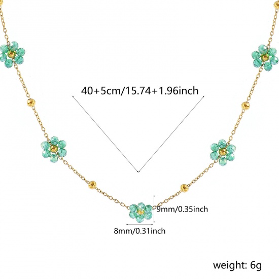 Picture of Wholesale Flower Green Link Cable Chain Beaded Necklace, 18K Real Gold Plated 304 Stainless Steel & Glass, Women's Eco-friendly PVD Vacuum Plating Waterproof Anti-Tarnish Hypoallergenic Stylish Sweet & Cute Gift Jewelry For Retailer 40cm(15.7") + 5cm(2") long, 1 Piece
