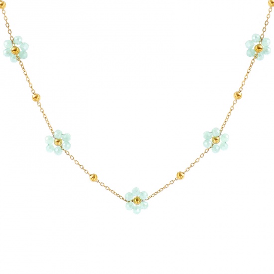 Picture of Wholesale Flower Light Green Link Cable Chain Beaded Necklace, 18K Real Gold Plated 304 Stainless Steel & Glass, Women's Eco-friendly PVD Vacuum Plating Waterproof Anti-Tarnish Hypoallergenic Stylish Sweet & Cute Gift Jewelry For Retailer 40cm(15.7") + 5cm(2") long, 1 Piece
